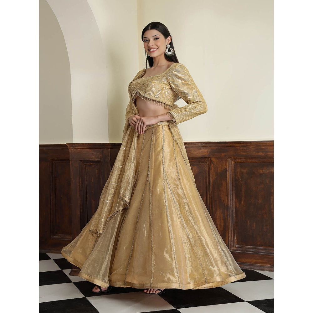 MILU MADAN Gold Tissue Sequins Cut dana Work Blouse with Lehenga and Dupatta