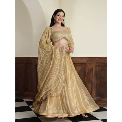 MILU MADAN Gold Tissue Sequins Cut dana Work Blouse with Lehenga and Dupatta