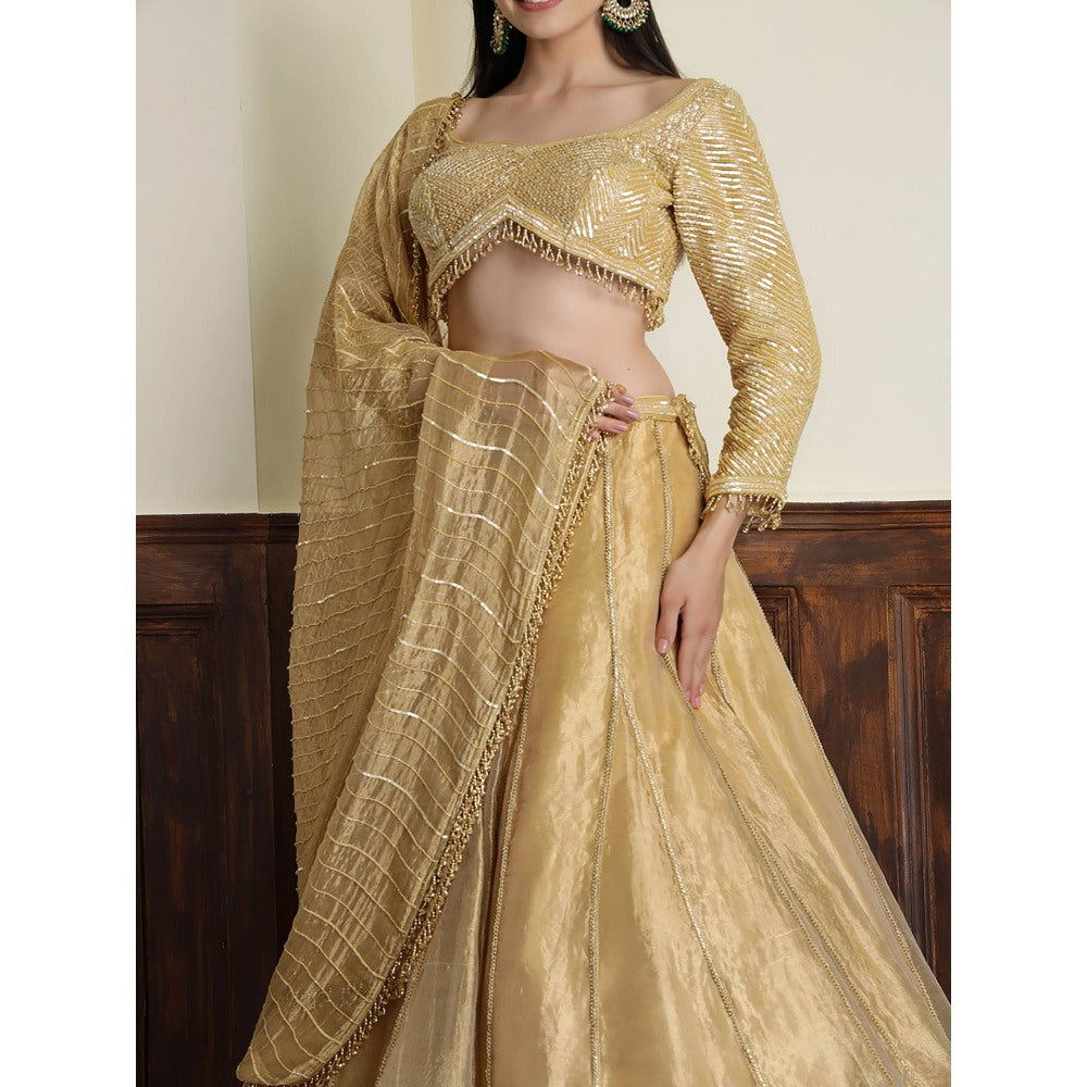MILU MADAN Gold Tissue Sequins Cut dana Work Blouse with Lehenga and Dupatta