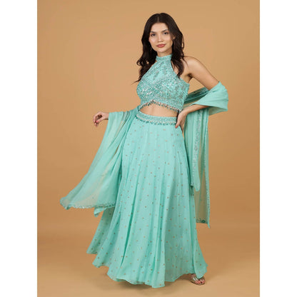 MILU MADAN Sea Blue Sequins Pearl Blouse with Lehenga and Dupatta