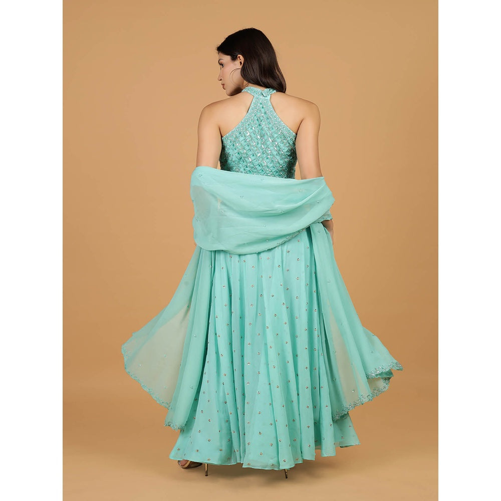 MILU MADAN Sea Blue Sequins Pearl Blouse with Lehenga and Dupatta