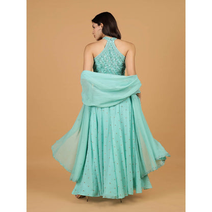 MILU MADAN Sea Blue Sequins Pearl Blouse with Lehenga and Dupatta