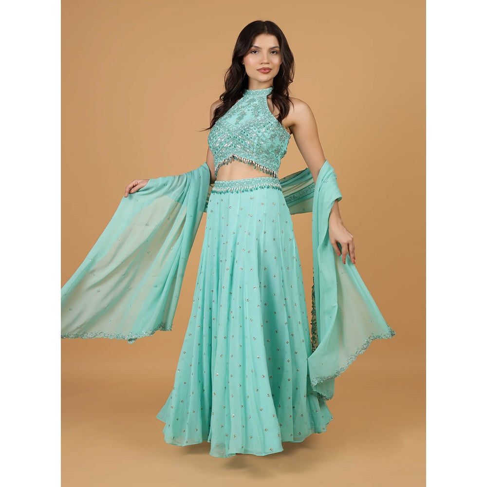 MILU MADAN Sea Blue Sequins Pearl Blouse with Lehenga and Dupatta