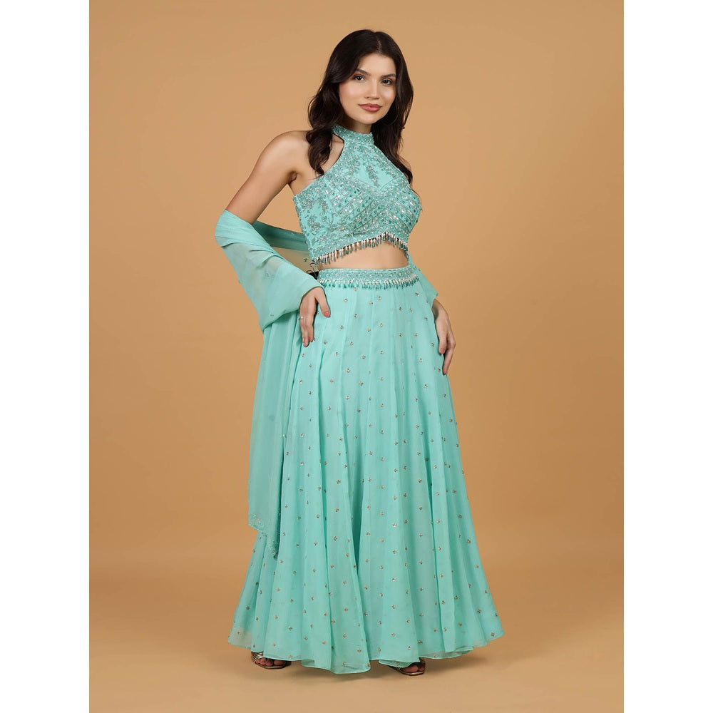 MILU MADAN Sea Blue Sequins Pearl Blouse with Lehenga and Dupatta
