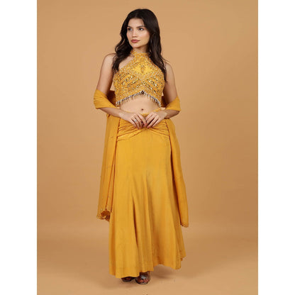 MILU MADAN Mustard Crepe Fish Cut Skirt Lehenga with Blouse and Dupatta