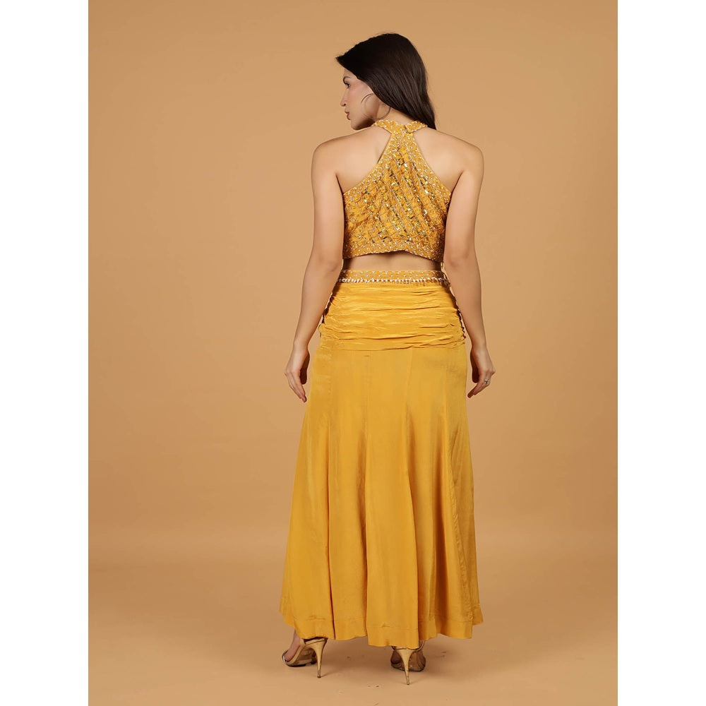 MILU MADAN Mustard Crepe Fish Cut Skirt Lehenga with Blouse and Dupatta