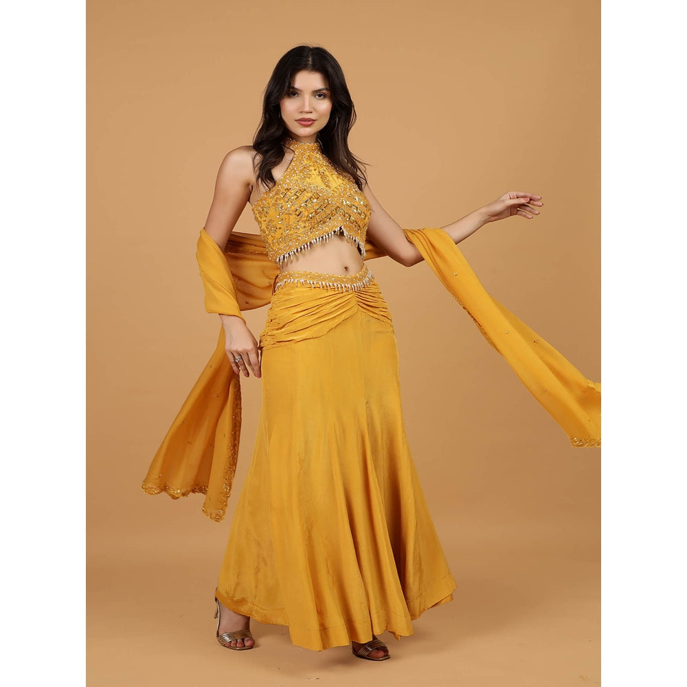 MILU MADAN Mustard Crepe Fish Cut Skirt Lehenga with Blouse and Dupatta