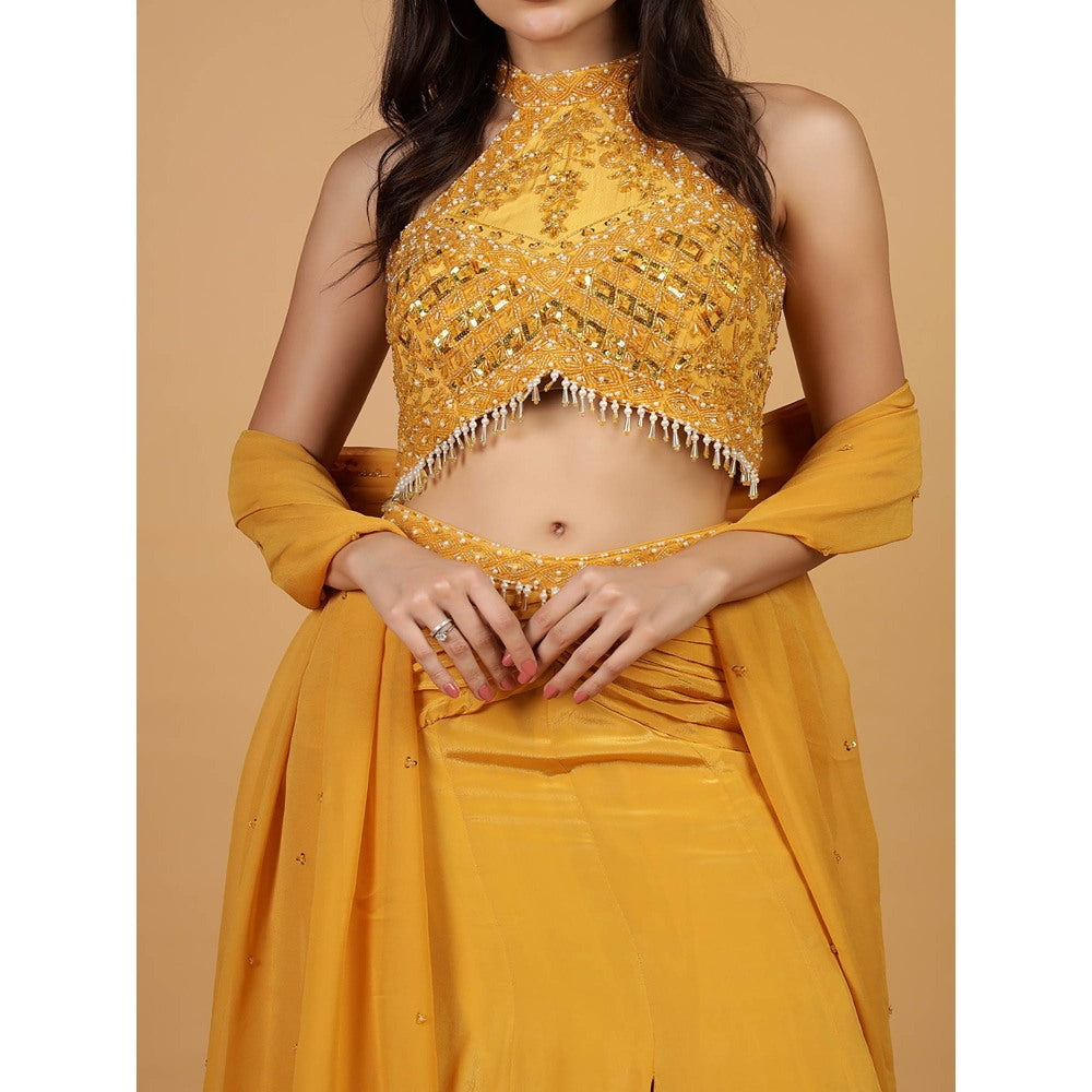 MILU MADAN Mustard Crepe Fish Cut Skirt Lehenga with Blouse and Dupatta