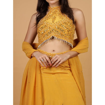 MILU MADAN Mustard Crepe Fish Cut Skirt Lehenga with Blouse and Dupatta
