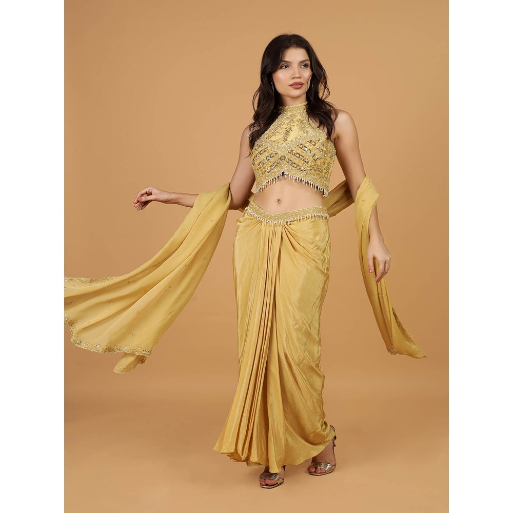 MILU MADAN Gold Sequins Cut dana Pearl Work Blouse with Lehenga and Dupatta