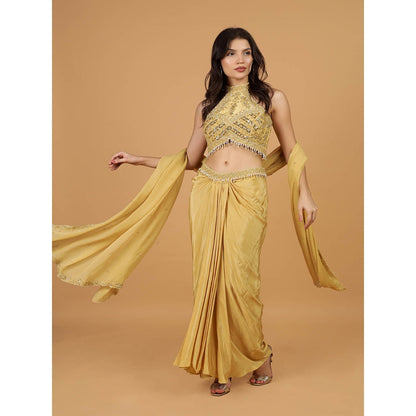 MILU MADAN Gold Sequins Cut dana Pearl Work Blouse with Lehenga and Dupatta