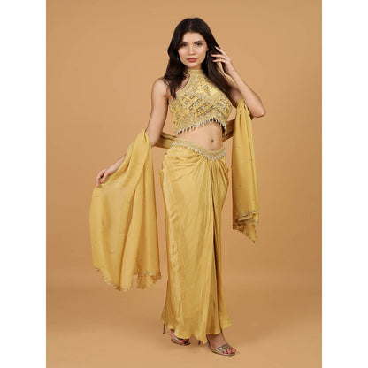 MILU MADAN Gold Sequins Cut dana Pearl Work Blouse with Lehenga and Dupatta