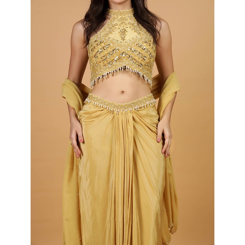 MILU MADAN Gold Sequins Cut dana Pearl Work Blouse with Lehenga and Dupatta