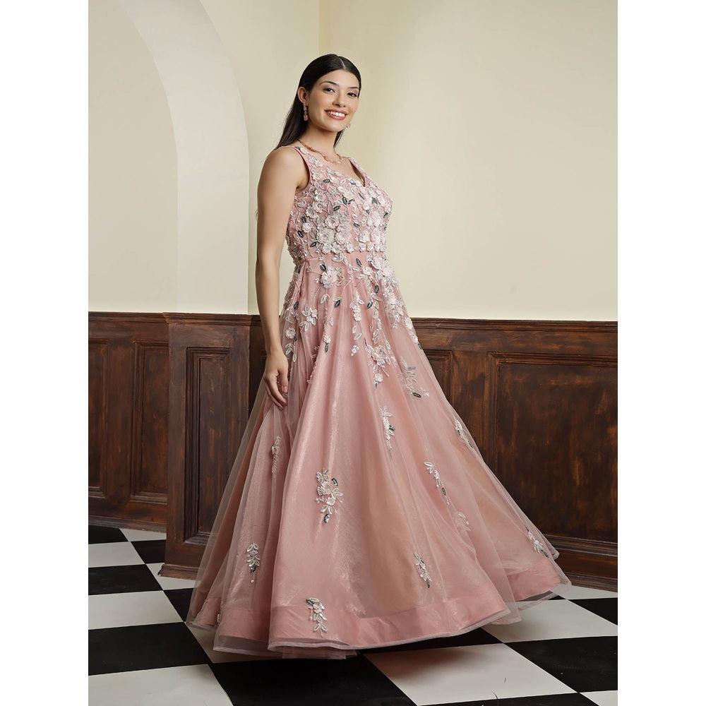 MILU MADAN Nude Pink Net Opaque Sequins Work Gown