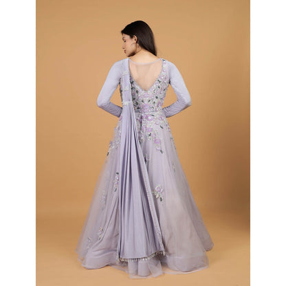 MILU MADAN Lavender Net Sequins Embroidery Full Sleeves Gown