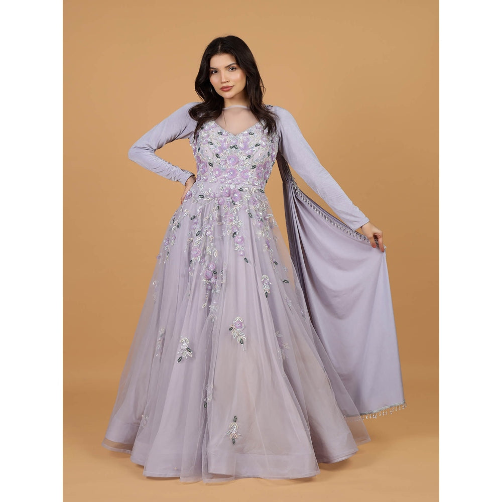 MILU MADAN Lavender Net Sequins Embroidery Full Sleeves Gown