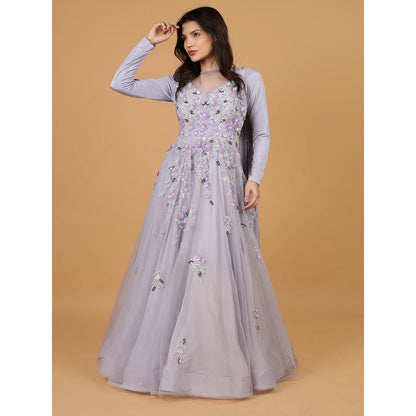 MILU MADAN Lavender Net Sequins Embroidery Full Sleeves Gown