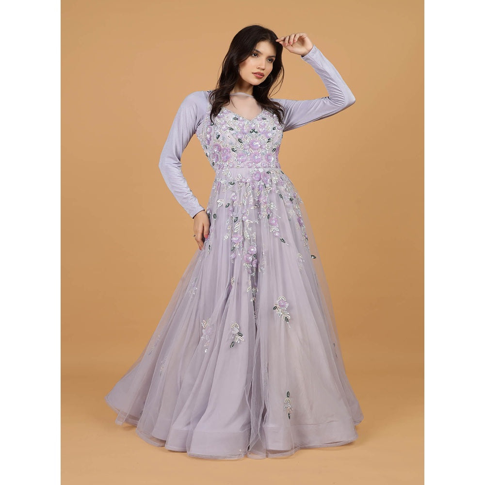 MILU MADAN Lavender Net Sequins Embroidery Full Sleeves Gown