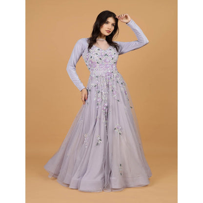 MILU MADAN Lavender Net Sequins Embroidery Full Sleeves Gown