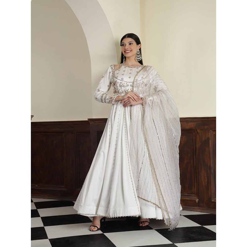 MILU MADAN Off White Modal Satin Embroidery Anarkali Dress with Dupatta