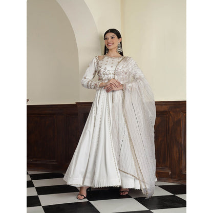 MILU MADAN Off White Modal Satin Embroidery Anarkali Dress with Dupatta