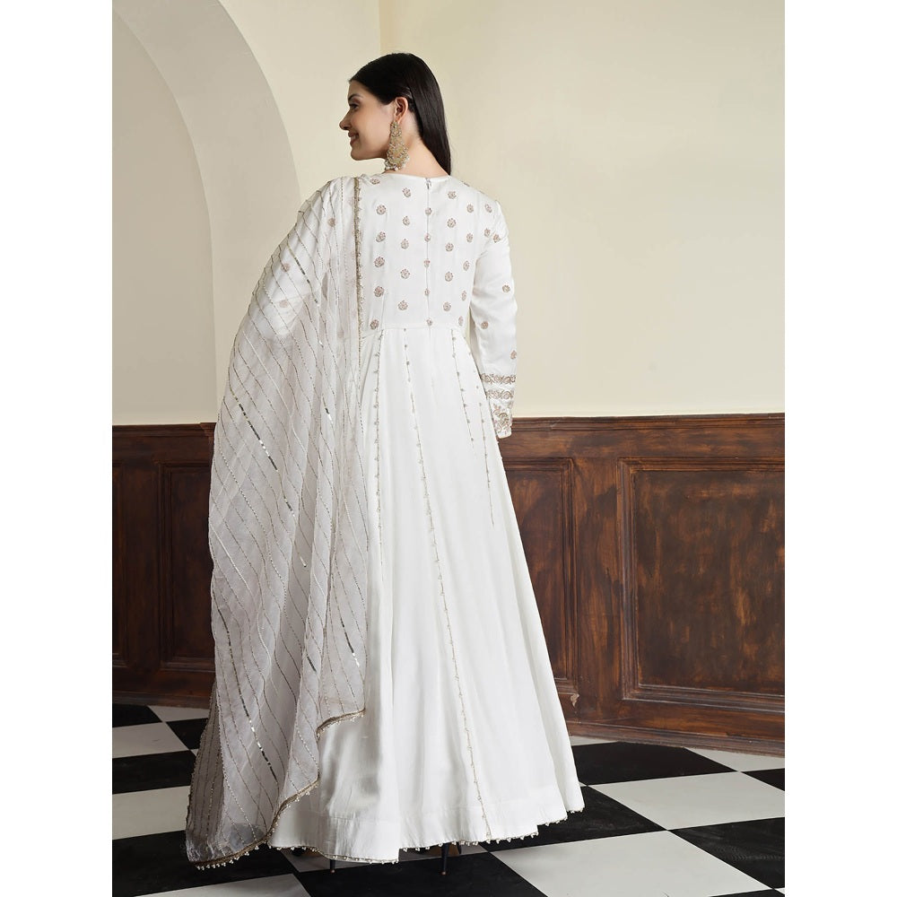 MILU MADAN Off White Modal Satin Embroidery Anarkali Dress with Dupatta