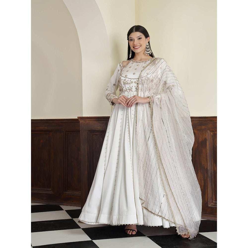 MILU MADAN Off White Modal Satin Embroidery Anarkali Dress with Dupatta