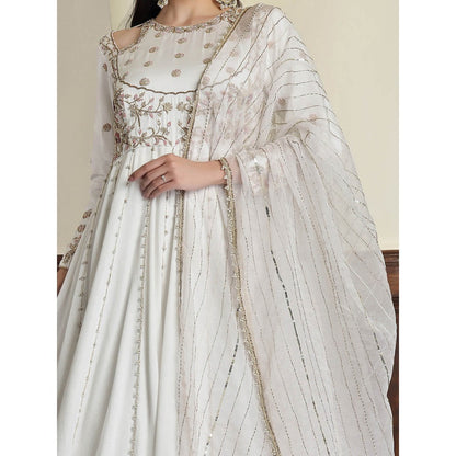 MILU MADAN Off White Modal Satin Embroidery Anarkali Dress with Dupatta