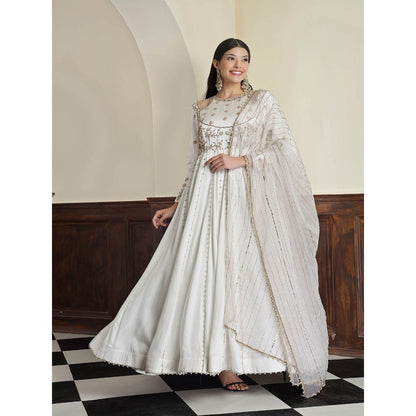 MILU MADAN Off White Modal Satin Embroidery Anarkali Dress with Dupatta