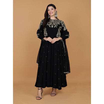 MILU MADAN Black Georgette Dabka Kat dana Work Anarkali Dupatta with Dupatta