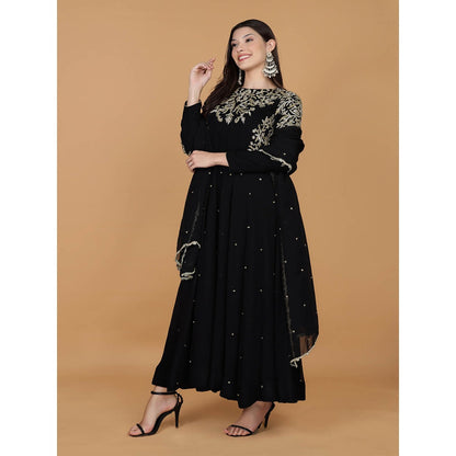 MILU MADAN Black Georgette Dabka Kat dana Work Anarkali Dupatta with Dupatta