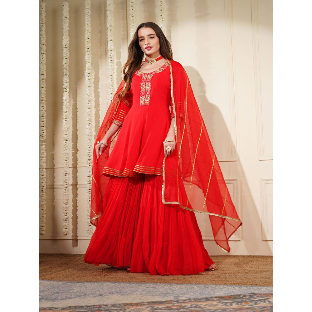 MILU MADAN Red Georgette Dubka Resham Work Kurti with Sharara and Dupatta
