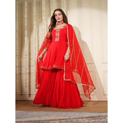 MILU MADAN Red Georgette Dubka Resham Work Kurti with Sharara and Dupatta