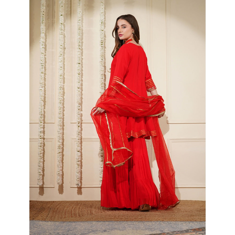 MILU MADAN Red Georgette Dubka Resham Work Kurti with Sharara and Dupatta