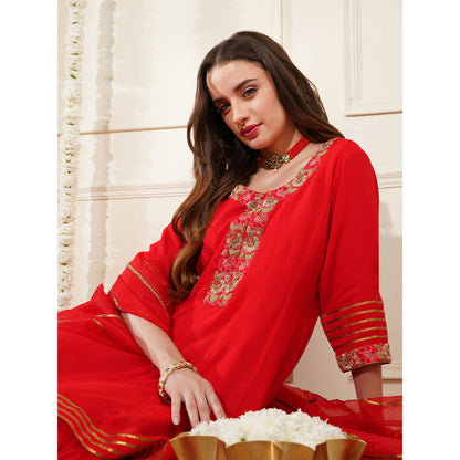 MILU MADAN Red Georgette Dubka Resham Work Kurti with Sharara and Dupatta