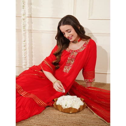 MILU MADAN Red Georgette Dubka Resham Work Kurti with Sharara and Dupatta