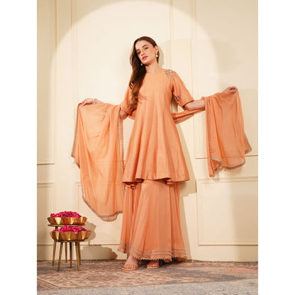MILU MADAN Dark Peach Katan Silk & Georgette Peplum Kurti with Sharara and Dupatta
