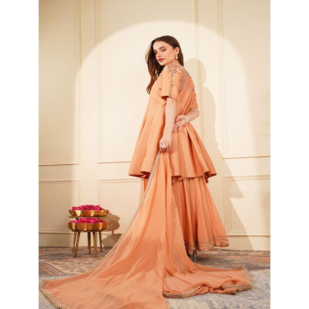 MILU MADAN Dark Peach Katan Silk & Georgette Peplum Kurti with Sharara and Dupatta