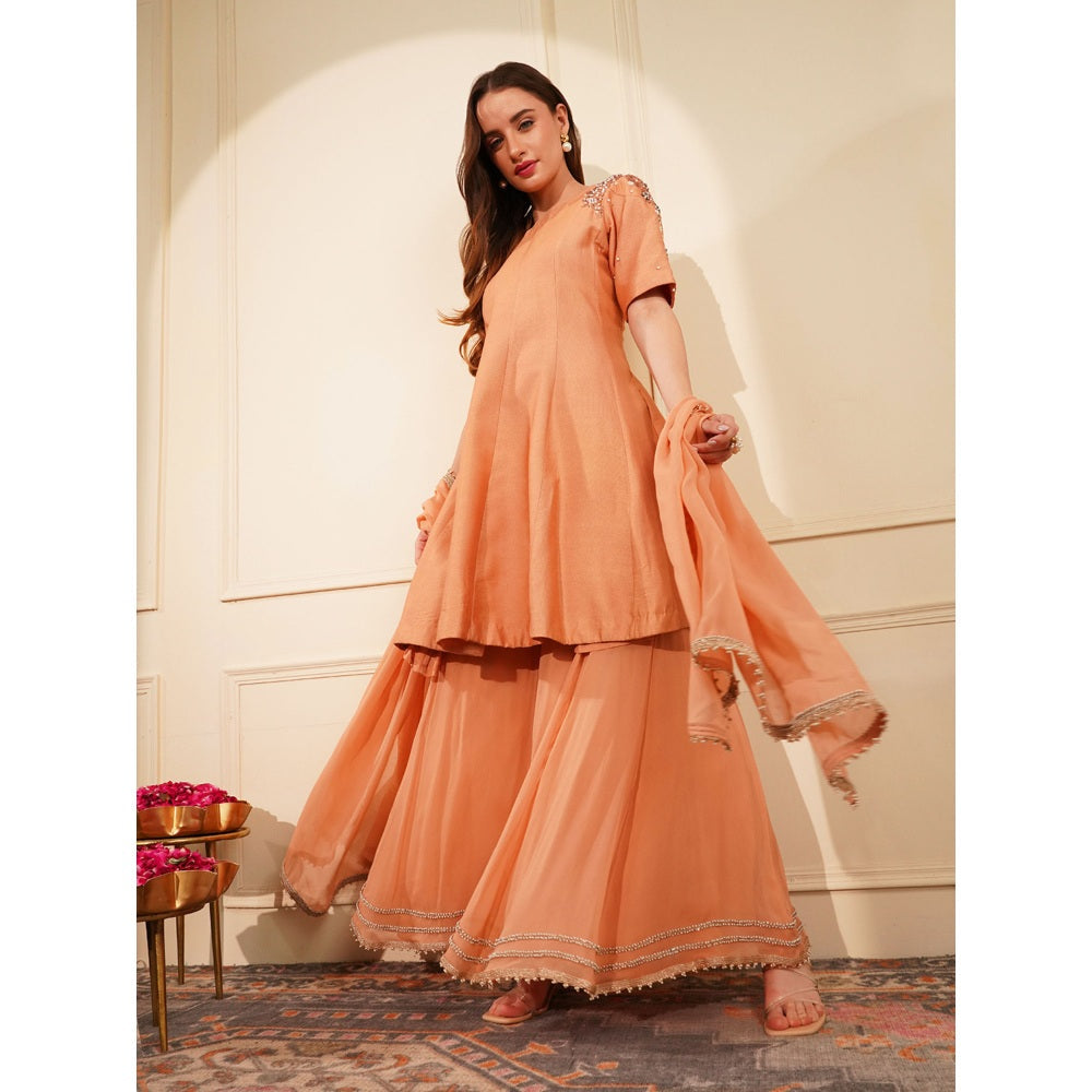 MILU MADAN Dark Peach Katan Silk & Georgette Peplum Kurti with Sharara and Dupatta