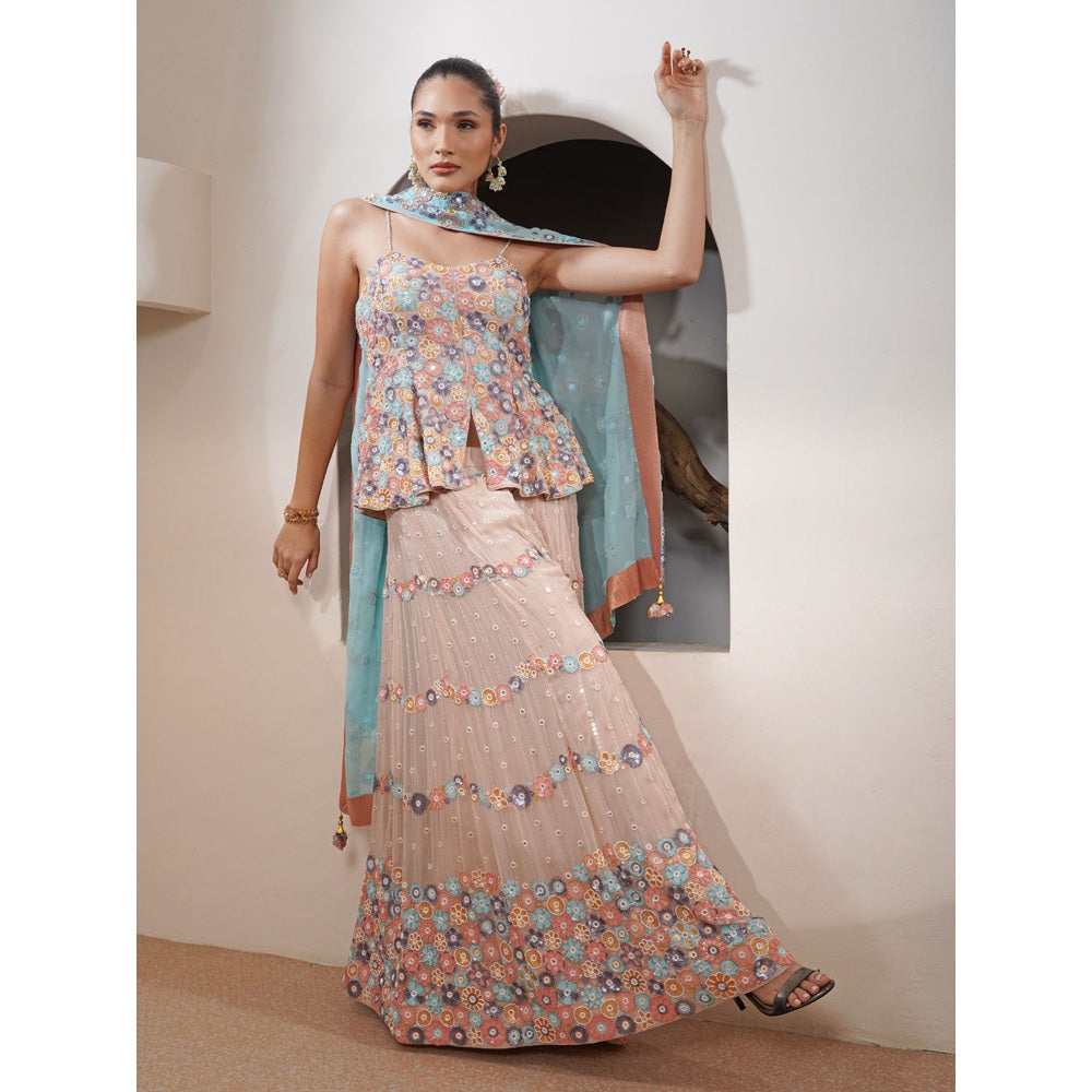MILU MADAN Light Fawn Pastel Sequin Bead Work Kurti with Palazzo and Dupatta