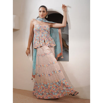 MILU MADAN Light Fawn Pastel Sequin Bead Work Kurti with Palazzo and Dupatta
