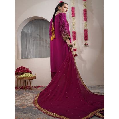 MILU MADAN Wine Beadwork Sequin Crepe Kurta with Churidar & Dupatta