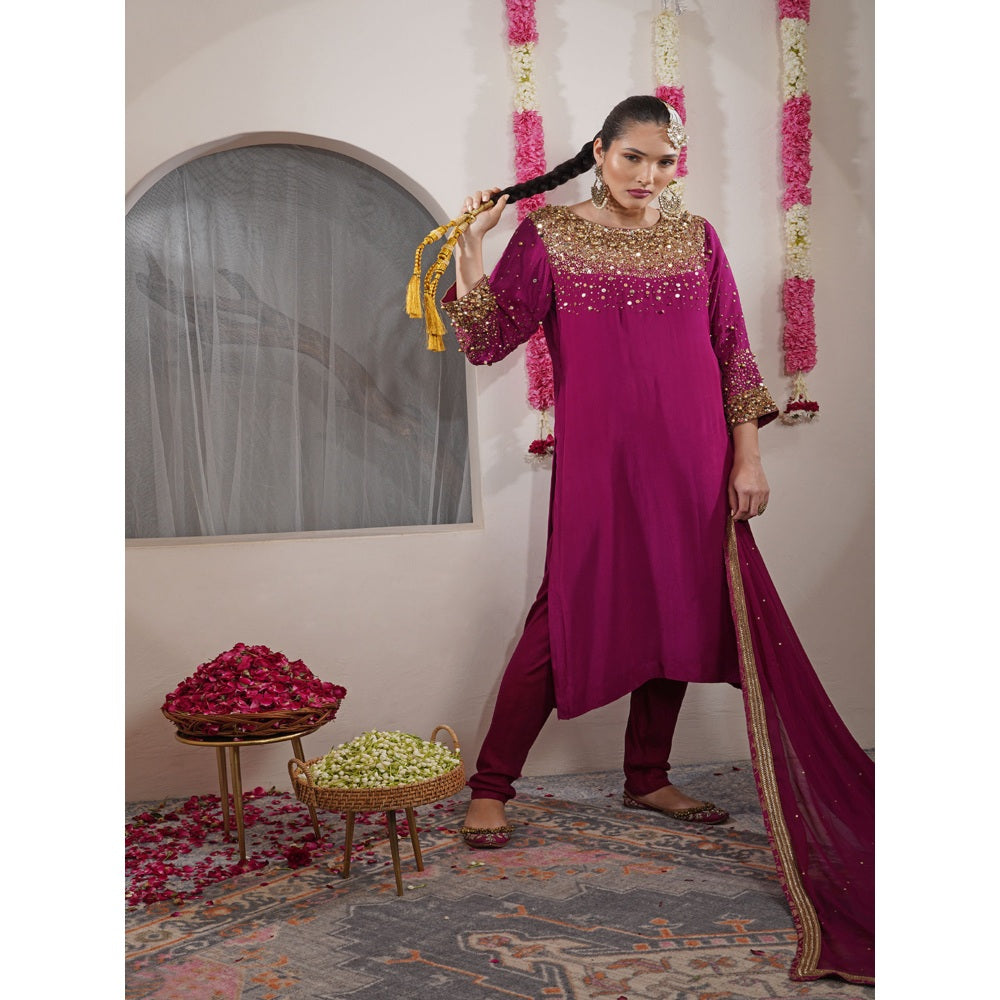 MILU MADAN Wine Beadwork Sequin Crepe Kurta with Churidar & Dupatta