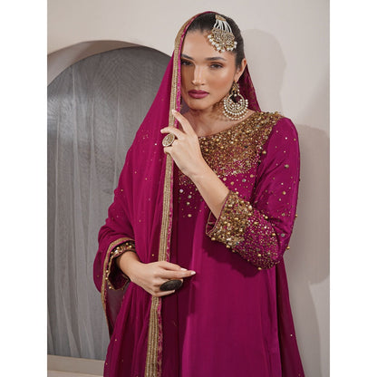 MILU MADAN Wine Beadwork Sequin Crepe Kurta with Churidar & Dupatta