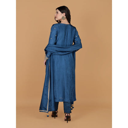 MILU MADAN Persian Blue Silk Pearl Cutdana Work Kurta with Pant & Dupatta