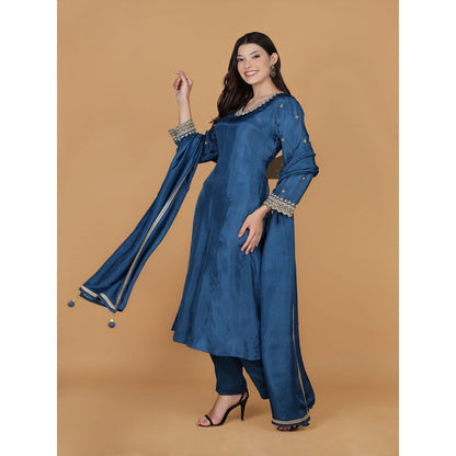 MILU MADAN Persian Blue Silk Pearl Cutdana Work Kurta with Pant & Dupatta