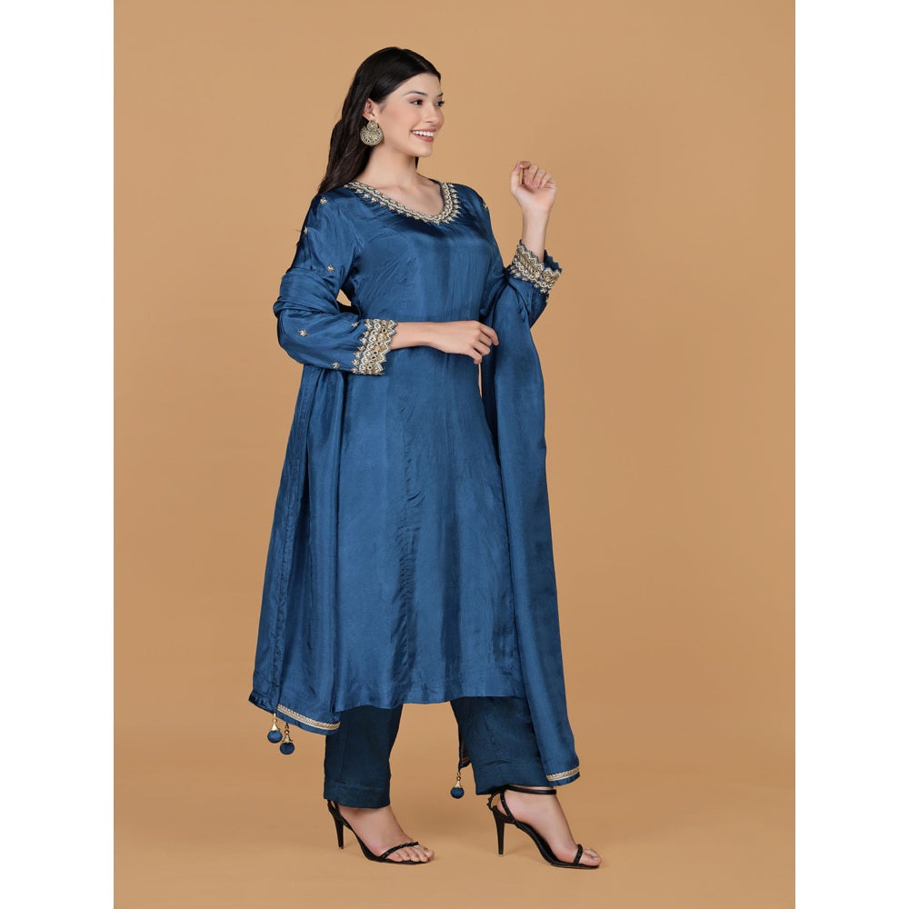 MILU MADAN Persian Blue Silk Pearl Cutdana Work Kurta with Pant & Dupatta