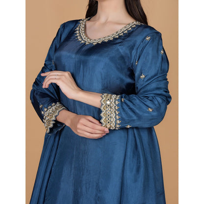 MILU MADAN Persian Blue Silk Pearl Cutdana Work Kurta with Pant & Dupatta