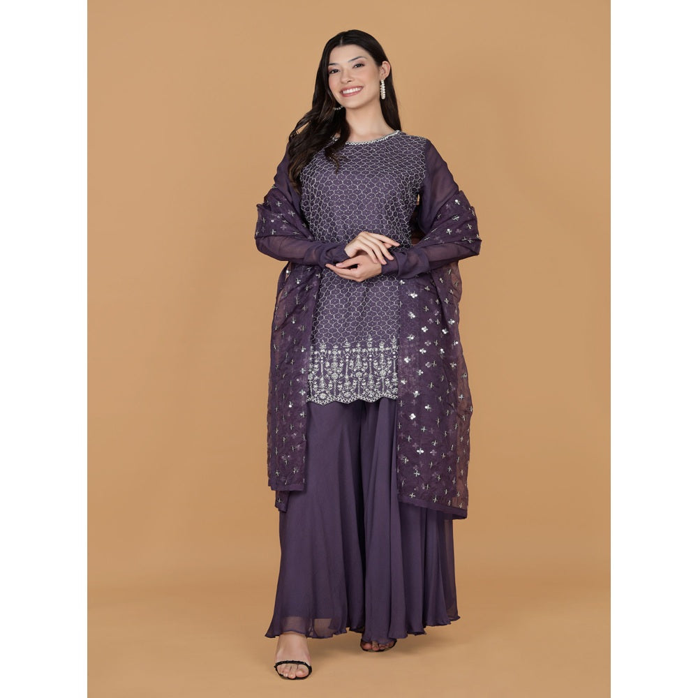 MILU MADAN Dull Purple Silk Georgette Cutdana Kurti with Sharara and Dupatta