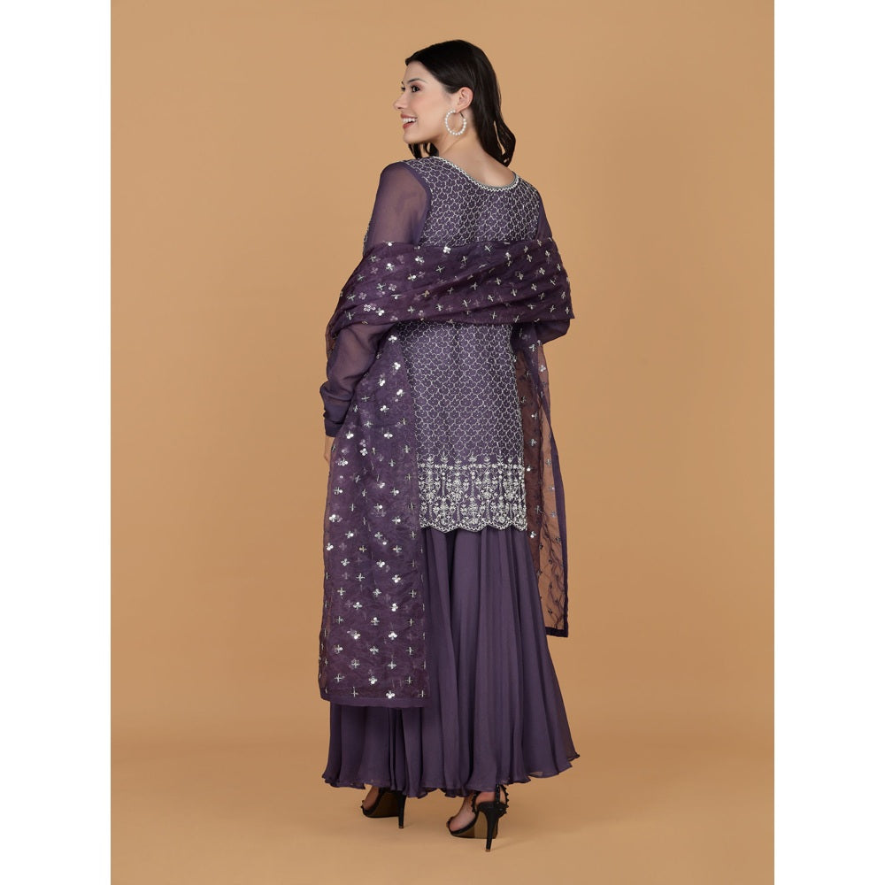 MILU MADAN Dull Purple Silk Georgette Cutdana Kurti with Sharara and Dupatta